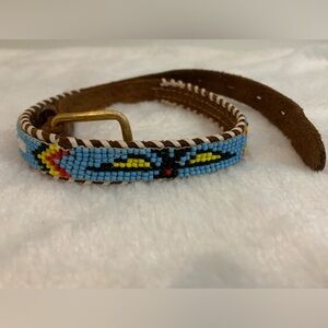 Beaded Leather Belt with Blue and Yellow Accents
